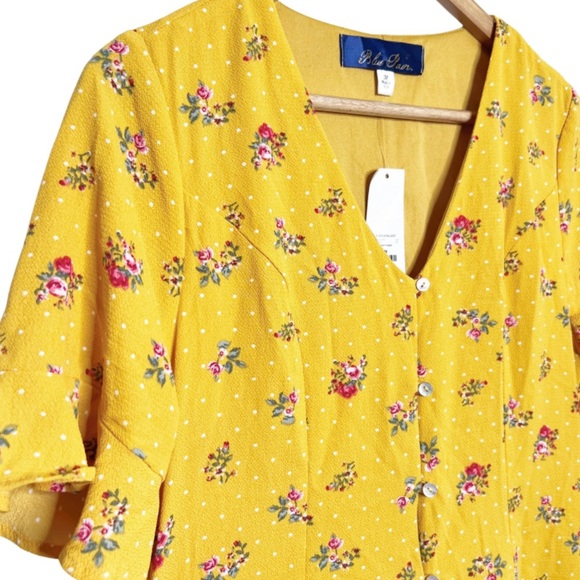 New with Tag Women's Francesca's Blue Rain Yellow Polka Dot Floral Mini Dress - Picture 5 of 16